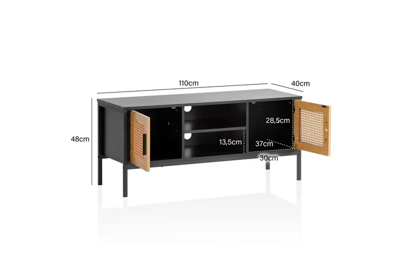 Lowboard Wohnling spånskiva folierad med 2 skjutdörrar, wienflät, modern stil Svart, Ek - Svart, Ek - Products - Möbler - TV- & Mediamöbler - TV bänk & mediabänk