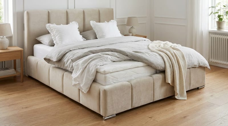 Cleaton Sängram 180x200 cm med Förvaring HVILA Resårmadrass och Bäddmadrass i Memoryskum med Tvättbar klädsel - Beige - Products - Möbler - Säng - Komplett sängpaket