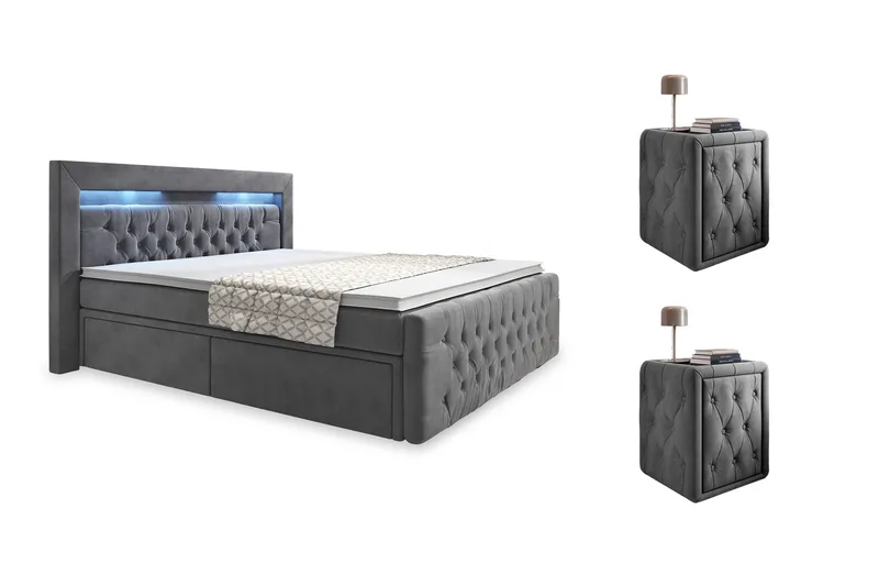 Franco Komplett Sängpaket med förvaring LED-belysning 180x200 cm + 2st Franco Sängbord - Grå|Sammet - Products - Möbler - Säng - Enkelsäng