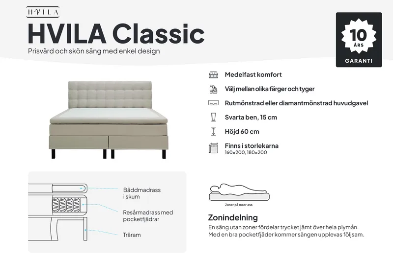 HVILA Classic Komplett Sängpaket 180x200 cm Kontinentalsäng med diamant sänggavel - Beige - Products - Möbler - Säng - Komplett sängpaket