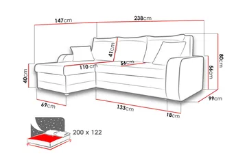 Alvared 3-sits Hörnbäddsoffa Universal - Röd/Svart - Products - Möbler - Soffa - Bäddsoffa - Bäddsoffa divan