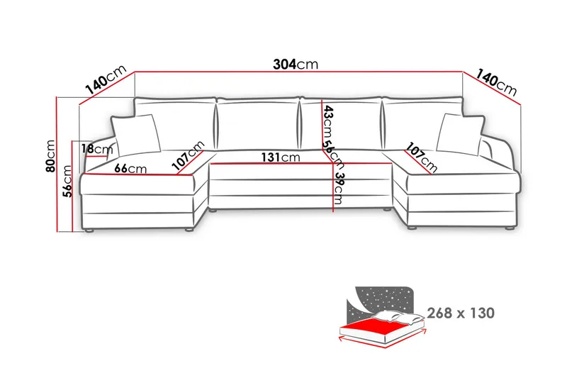 Alvared 4-sits Bäddsoffa med Dubbeldivan med Förvaring - Röd - Products - Möbler - Soffa - Bäddsoffa - U bäddsoffa