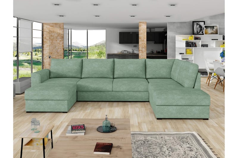 Taberk Bäddsoffa med Divan och Schäslong 4-sits i Bouclé - Grön - Products - Möbler - Soffa - Bäddsoffa - Bäddsoffa divan