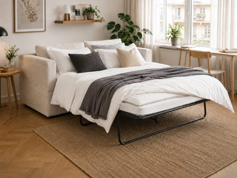 Travstad 3-sits Bäddsoffa med HVILA Bäddmadrass 140x200 cm Latex med Tvättbar klädsel - Beige/Vit - Products - Möbler - Soffa - Bäddsoffa - 3 sits bäddsoffa