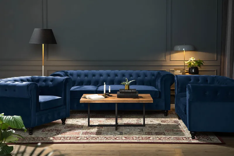Chesterfield Lyx 3-sits Sammetssoffa - Djup soffa - Blå - Products - Möbler - Soffa - Chesterfield soffa