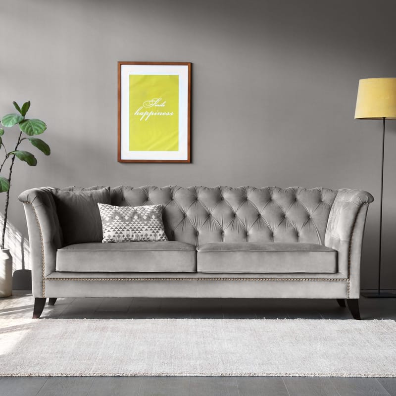 Soffa chesterfield 3-sits grå - Henry - Grå sammet - Products - Möbler - Soffa - Chesterfield soffa