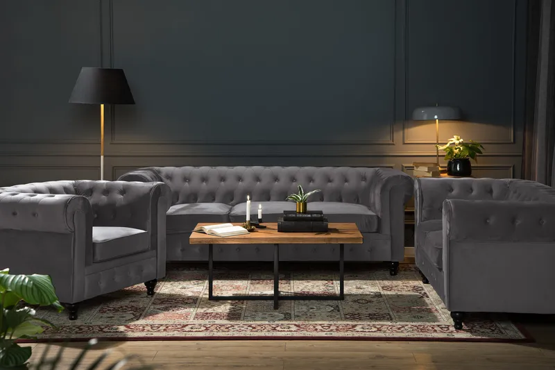Chesterfield Lyx Soffgrupp 2-sits+Fåtölj Sammet - Mörkgrå - Products - Möbler - Soffa - Soffgrupp - Chesterfield soffgrupp