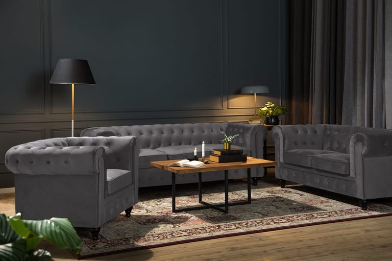 Chesterfield Lyx Soffgrupp 2-sits+Fåtölj Sammet - Mörkgrå - Products - Möbler - Soffa - Soffgrupp - Chesterfield soffgrupp