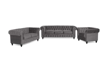 Chesterfield Lyx Soffgrupp 3+2+1 i Sammet, Mörkgrå / Grå