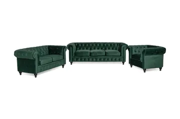 Chesterfield Lyx Soffgrupp 3+2+1 i Sammet, Mörkgrön / Grön