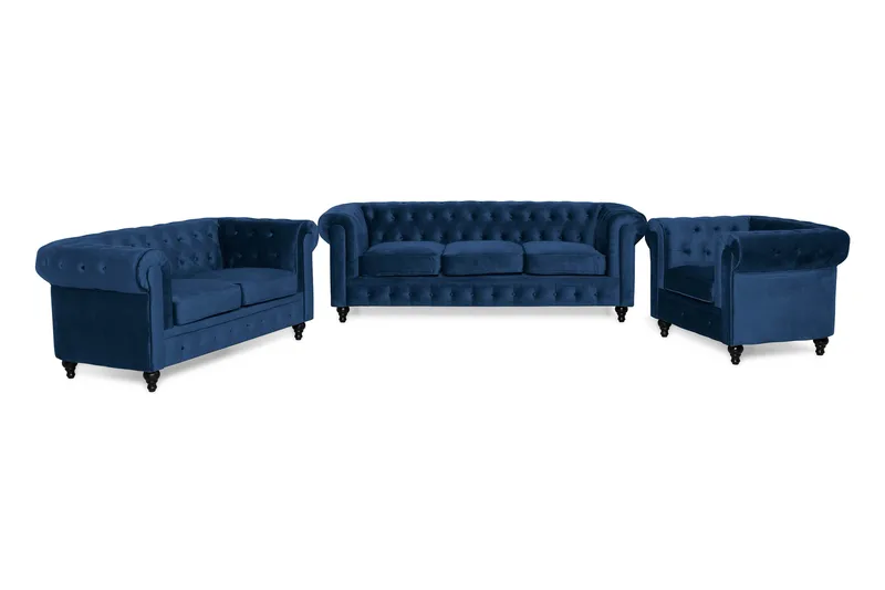 Chesterfield Lyx Soffgrupp 3+2+1 i Sammet, Mörklblå / Blå