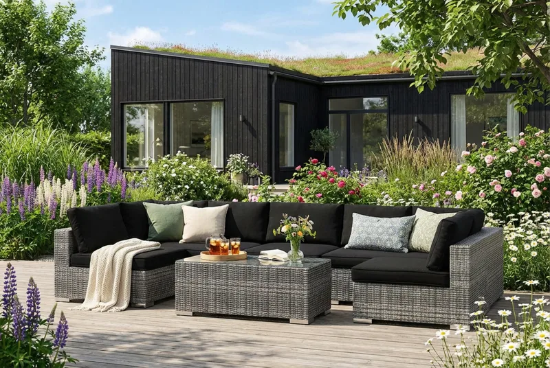 Bahamas U-formad utomhus loungegrupp med öppet avslut, 7-sits med bord - Grå - Products - Utemöbler & utemiljö - Loungemöbler - Loungeset & loungegrupp