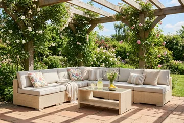 Bahamas utomhus hörnsoffa 7-sits vändbar med öppet avslut och bord med hylla - Beige - Products - Utemöbler & utemiljö - Loungemöbler - Loungeset & loungegrupp