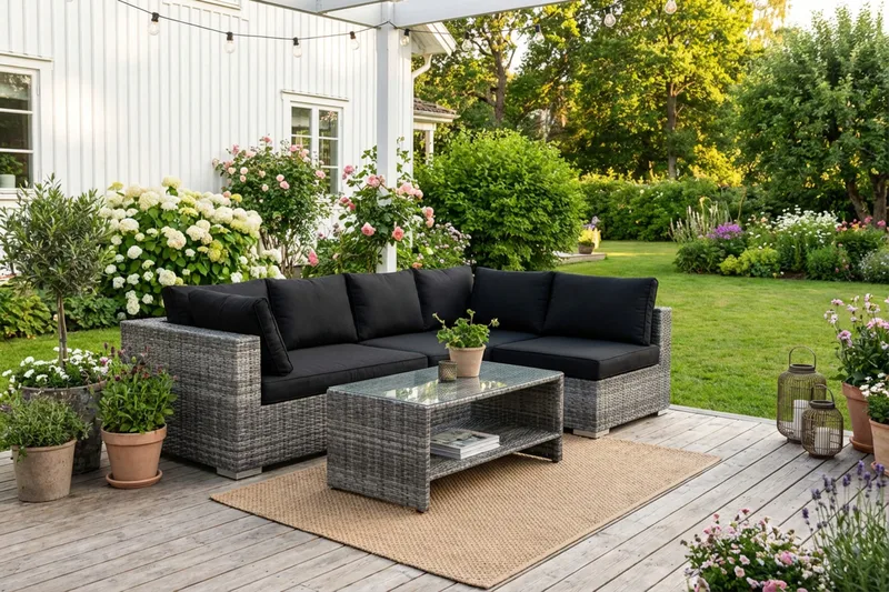 Bahamas utomhus loungegrupp 5-sits med vändbar schäslong och bord med hylla - Grå - Products - Utemöbler & utemiljö - Loungemöbler - Loungeset & loungegrupp