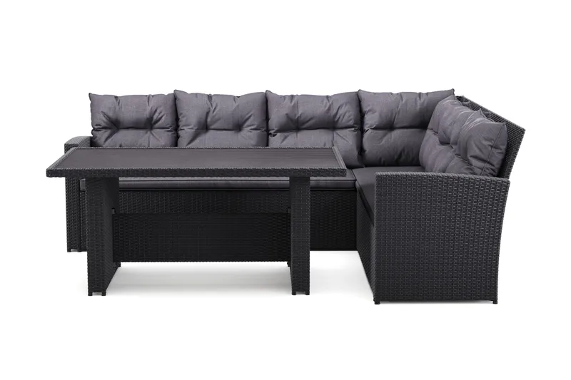 James 5-sits Högervänd Loungegrupp Utomhus – Soffgrupp med grå dynor och bord i konstrotting, Mörkgrå/Svart