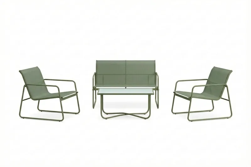 Pelanda Loungegrupp  - Soffa och 2 fåtöljer i stål soffbord med frostad glasskiva, Grön
