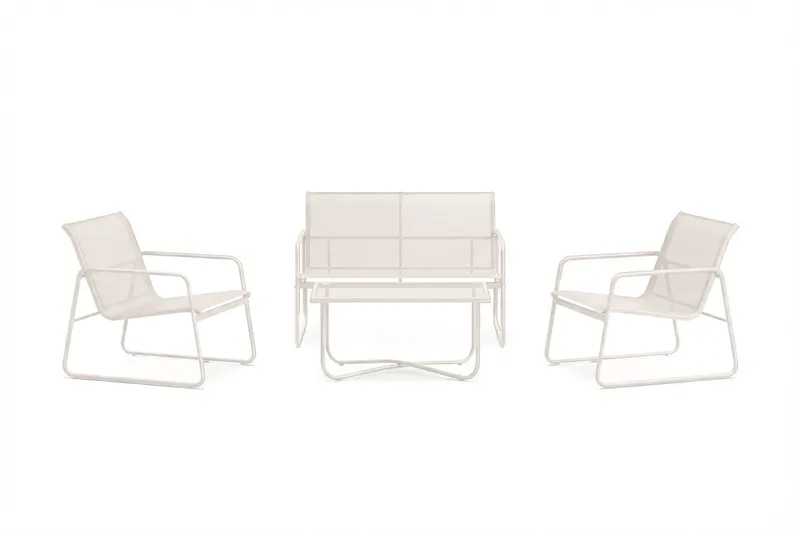 Pelanda Loungegrupp  - Soffa och 2 fåtöljer i stål soffbord med frostad glasskiva, Ljusbeige