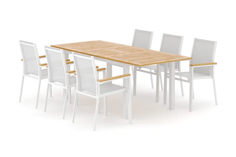 Las Vegas utomhus matgrupp förlängningsbart 152-210x90 cm med 6 Las Vegas stapelstolar, Vit