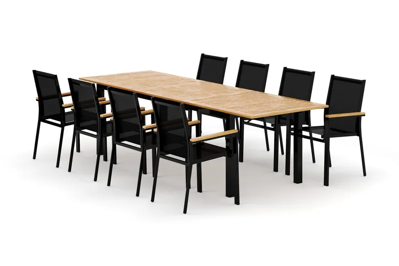 Las Vegas utomhus matgrupp förlängningsbart 220x280x100 cm med 8 Las Vegas stapelstolar, Svart