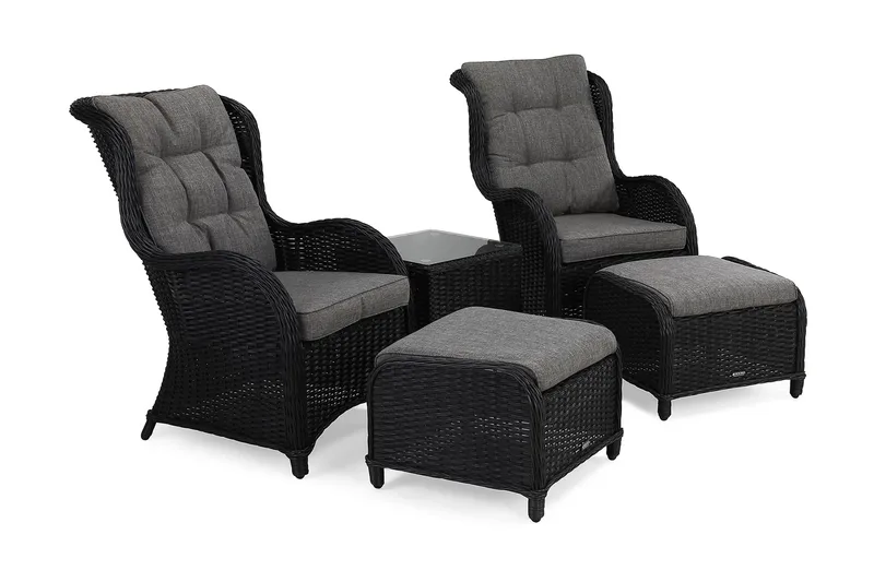 Marcus Caféset med 2 Öronlappsfåtöljer med Fotpall m Dyna, Svart