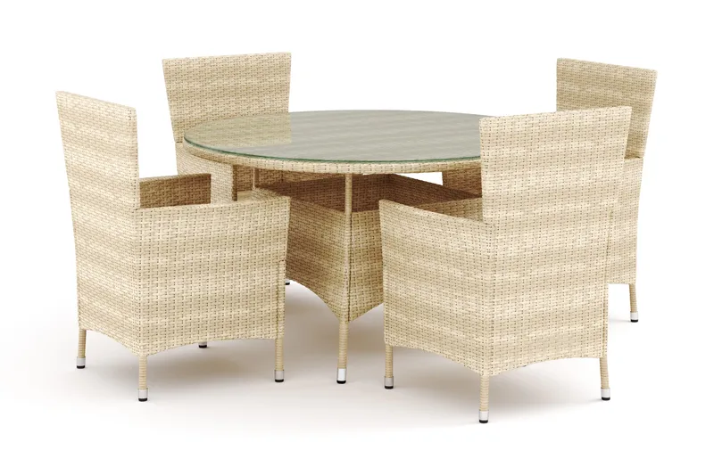 Thor utomhus rund matgrupp 140 cm med 4 Thor utefåtöljer, Beige