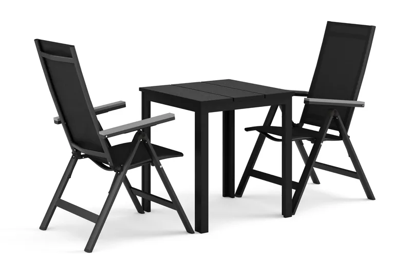 Tunis utomhus caféset 70x70 cm med 2 Monaco Light positionsstolar, Svart/Svart