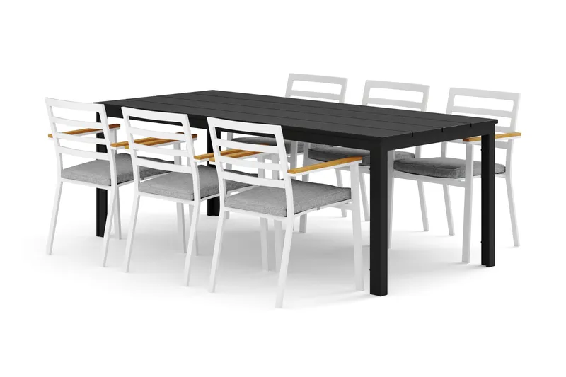 Tunis utomhus matgrupp 205x90 cm med 6 Oliver karmstolar med dyna, Svart/Svart