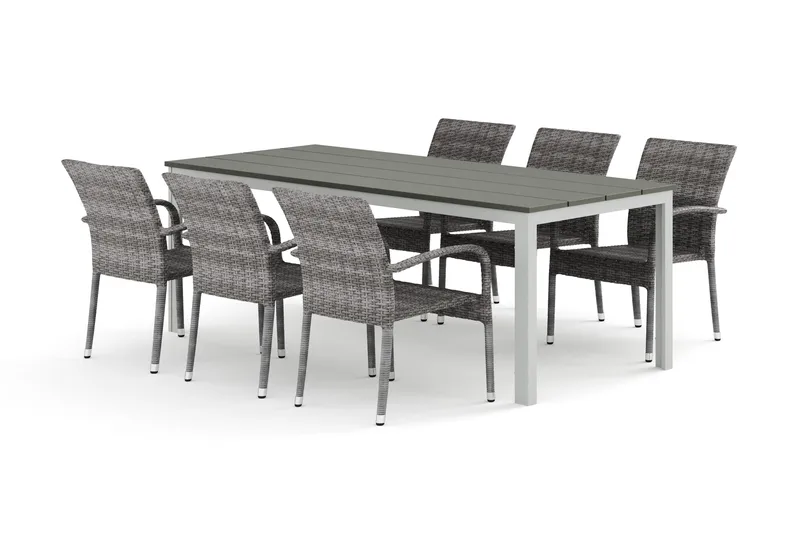 Tunis utomhus matgrupp 205x90 cm med 6 Thor Light utefåtöljer, Vit/Grå