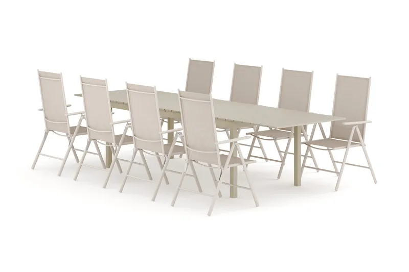 Tunis utomhus matgrupp förlängningsbart 205/305x90 cm med 8 Maggie positionsstolar, Beige/Beige