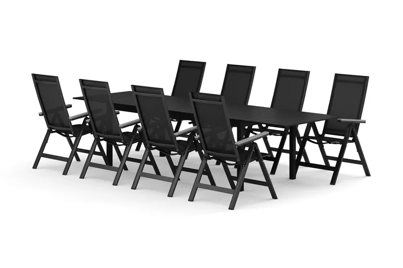 Tunis utomhus matgrupp förlängningsbart 205/305x90 cm med 8 Monaco Light positionsstolar, Svart/Svart