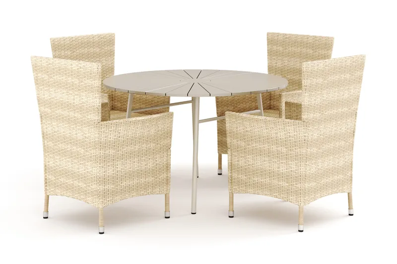 Tunis utomhus rund matgrupp 120 cm med 4 Thor utefåtöljer, Beige/Beige